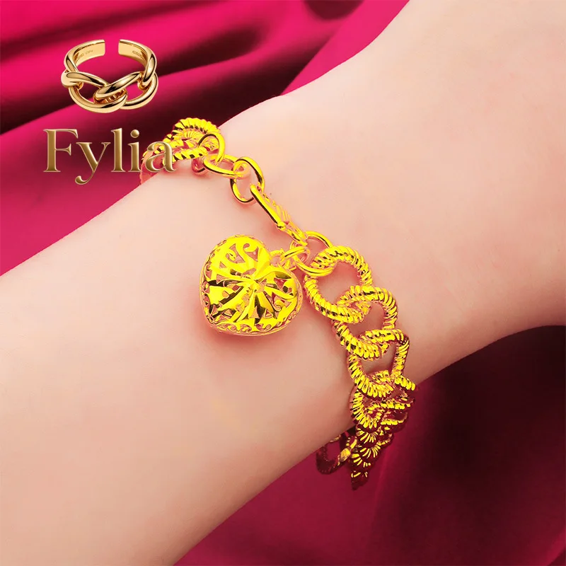 Fylia Jewelry  Fylia Jewelry   Hollow Heart Bracelet for Women, 24K Gold, AU999 | Polished hollow hearts on delicate chain, slee