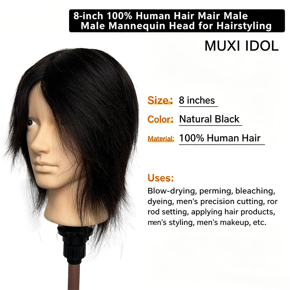 8 Inch Male 100% Human Hair Mannequin Head with Realistic Hair Whorl, Large Ears & Pre-Made Makeup for Barber & Makeup Practice