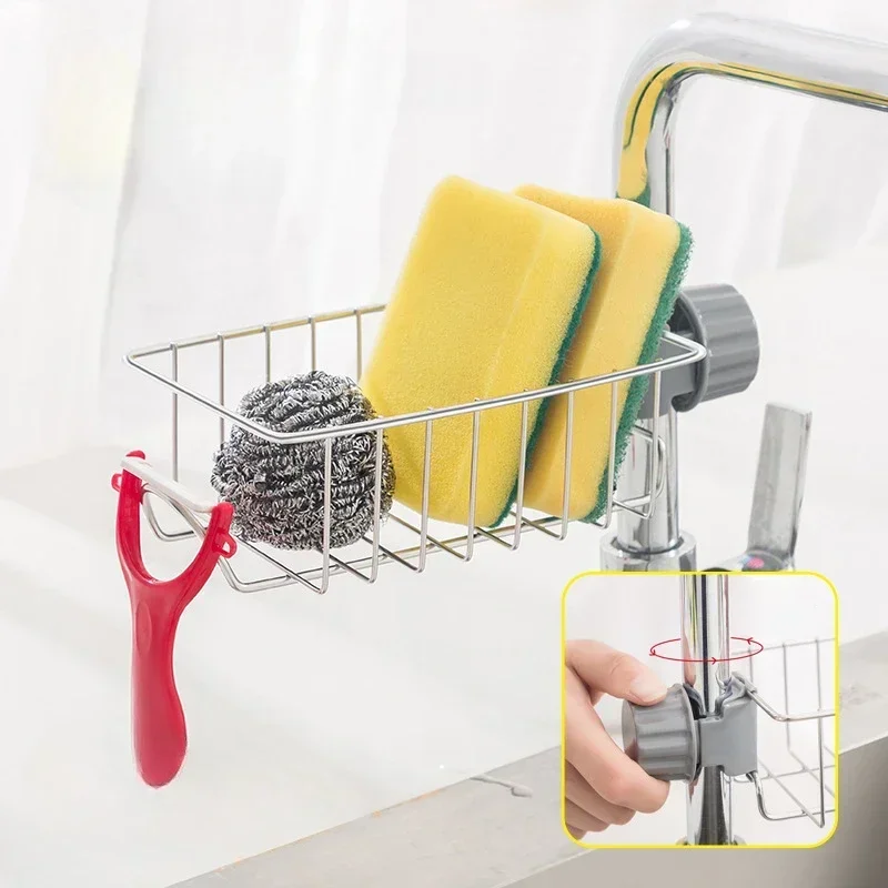 2025 New 1pc Faucet Storage Rack Stainless Steel Kitchen Sink Storage Rack Household Sponge Cloth Dishwashing and Draining Rack