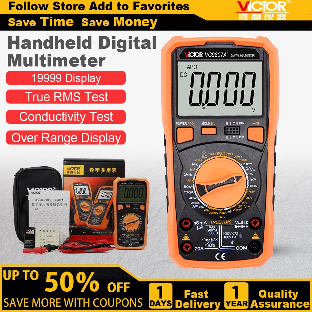 

VC9807A+ 19999 Counts True RMS Digital Multimeter Manual Range Measure Voltage Current Resistance Capacitance Electrical tester