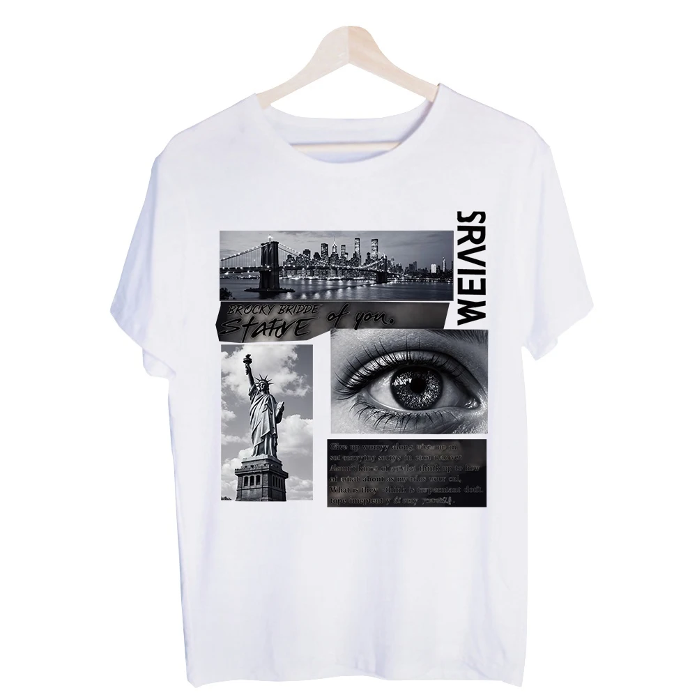 Men's Cityscape and Eye Collage Graphic Tee, Short Sleeve Crew Neck T-Shirt for Urban Casual Wear