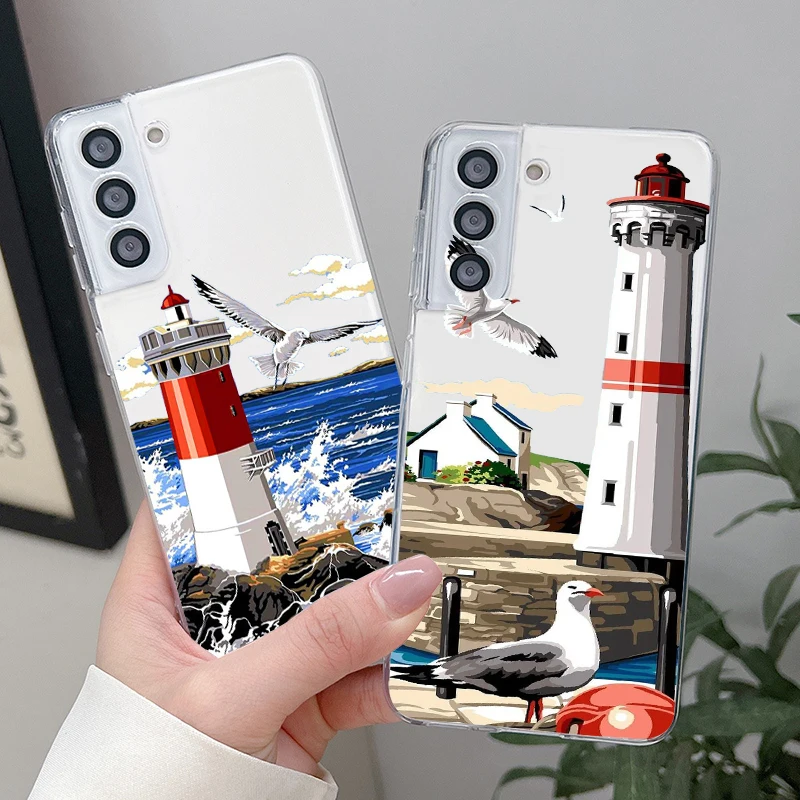 Oil painting coast with seagulls Phone Case For Samsung S23 S22 S21 S20 FE Ultra Pro Lite S10 5G S10E M52 Plus Transparent Cover