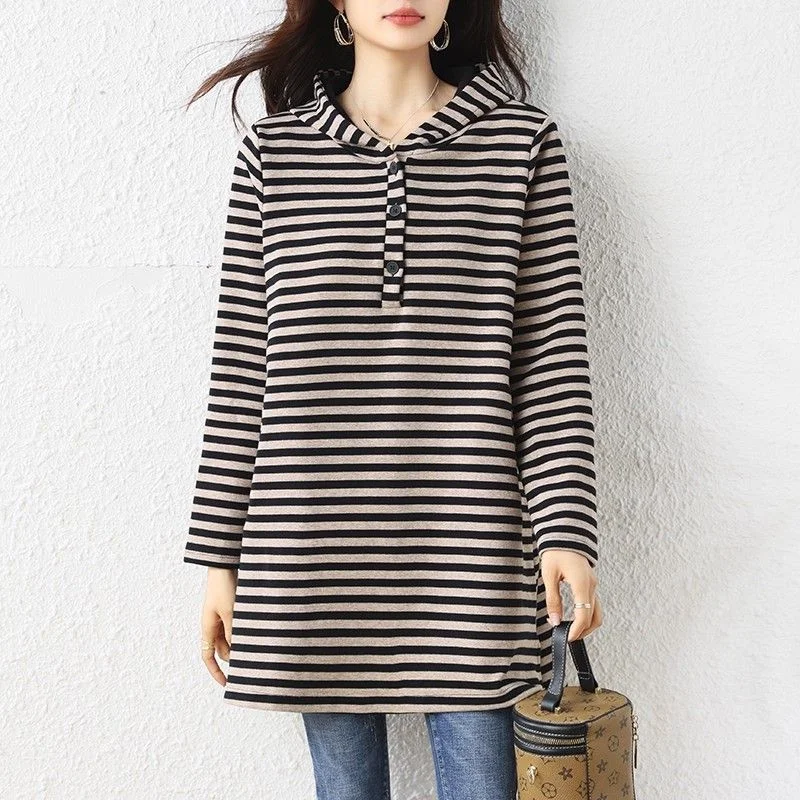Mode gestreept sweatshirt met capuchon Dames 2025, nieuwe herfsttemperament, slanke halflange top