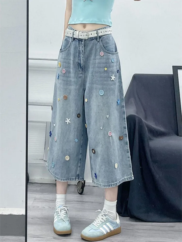 

Loose Fit American Retro Button Denim Shorts Women Summer Straight Leg Wide Leg Seven Eight Five Pants Jeans