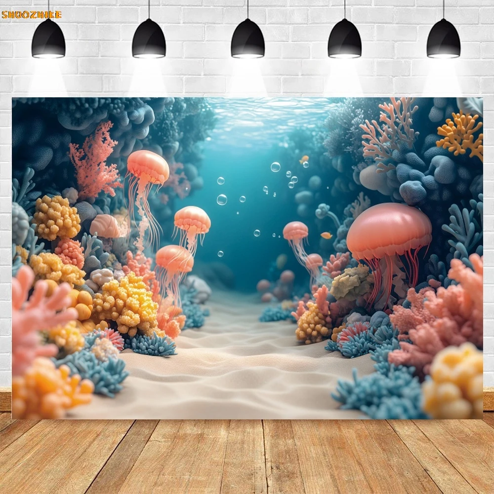 Underwater World Backdrop Photography Ocean Undersea Jellyfish Coral Little Mermaid Girls Birthday Party Decoration Background