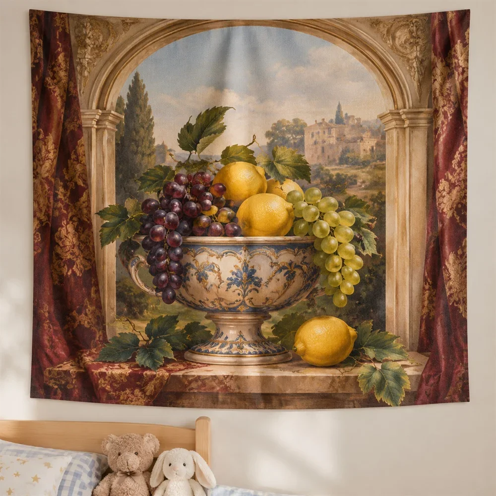 VIKAMA European Ceramic Fruit Bowl Tapestry Wall Hanging, European Wall Art Tapestries for Nursery Kids Room Bedroom Living Room