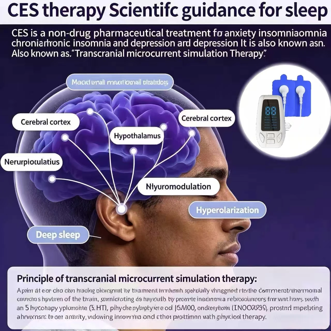 CES Physical Therapy Sleep Aid Machine, Non-Drug Insomnia Treatment Device with Ear Clips Electrodes, Relief Migraine Tension