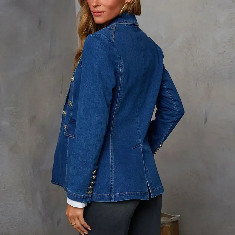 Office Lady Tailored Collar Double Breasted Slim Denim Jackets Women Casual Long Sleeve Coats