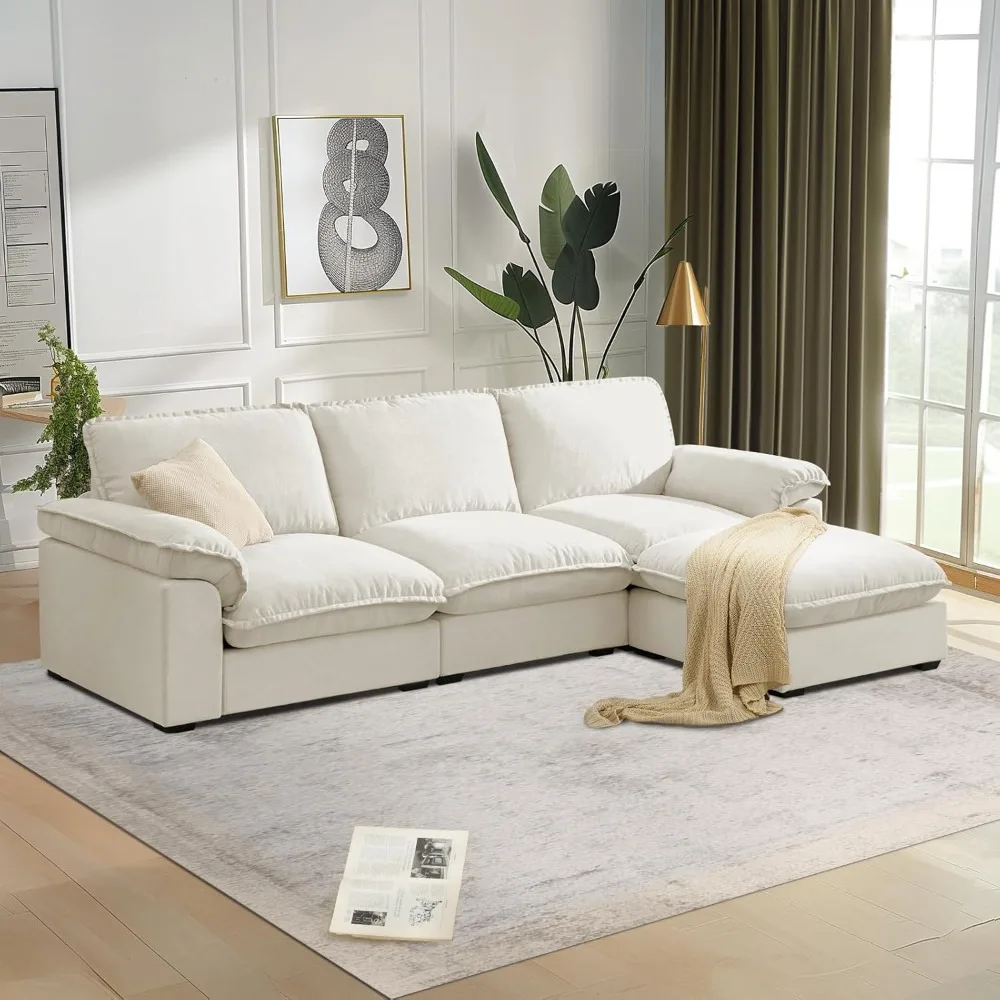 Modulares Sofagarnitur, Cloud-Couch mit tiefem Sitz und umkehrbarer Chaiselongue, L-förmige Couch mit Armlehnen, Chenille-Sofa