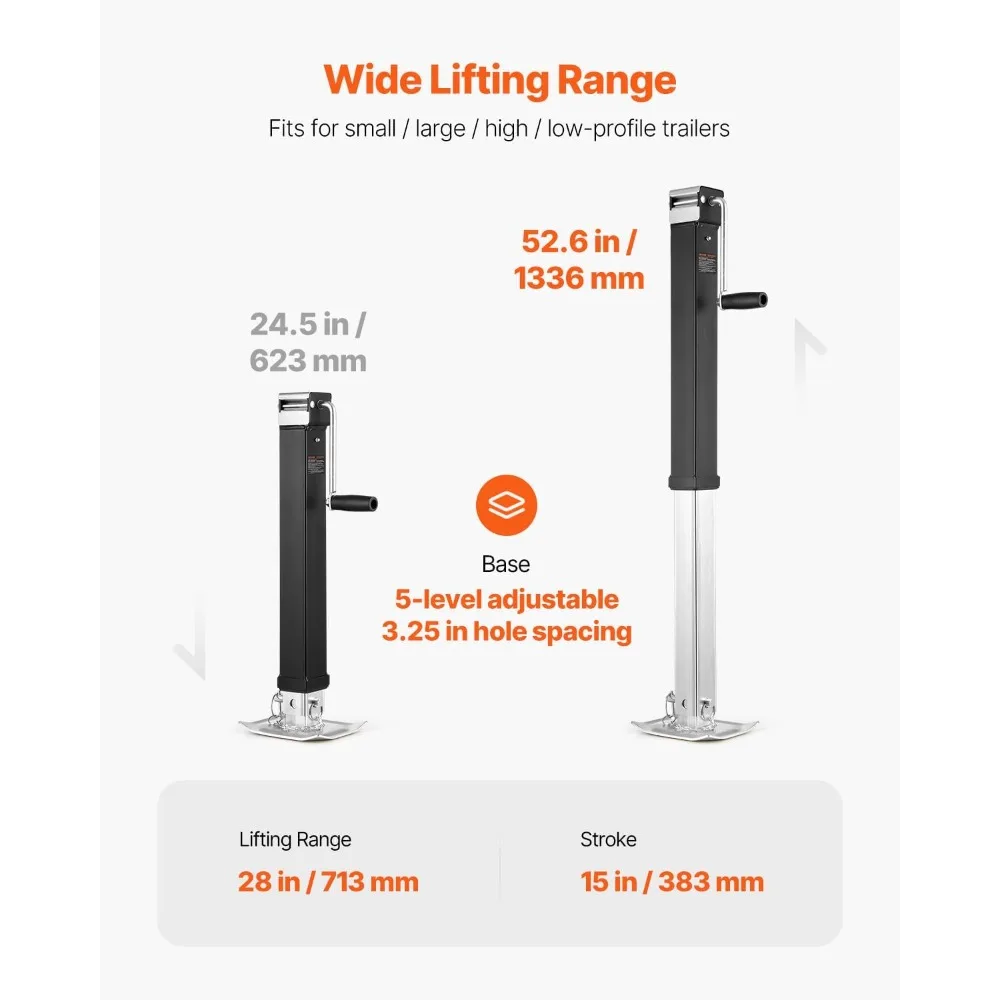 8000lbs Capacity Heavy-Duty Square RV Jack with 15.25 Inch Lift and Adjustable Drop Leg for Various Vehicles