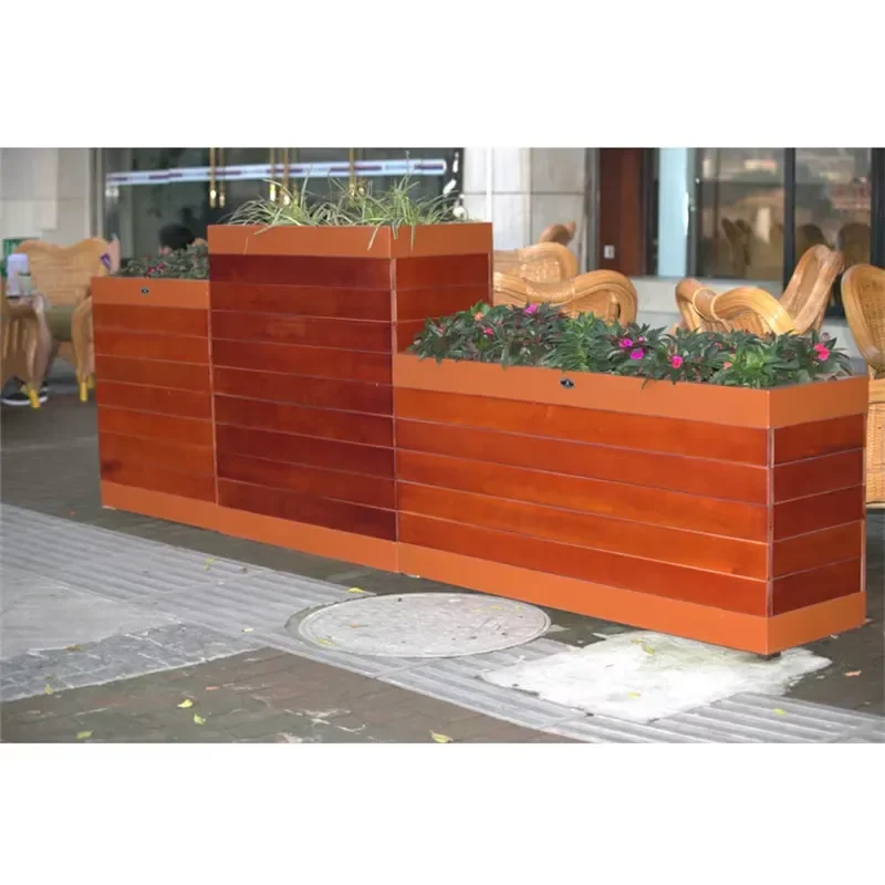 Outdoor Garden Furniture Rectangle Large Wood Planter Pot Public Park Plant Pots Outside Urban Street Decorative Flower Box