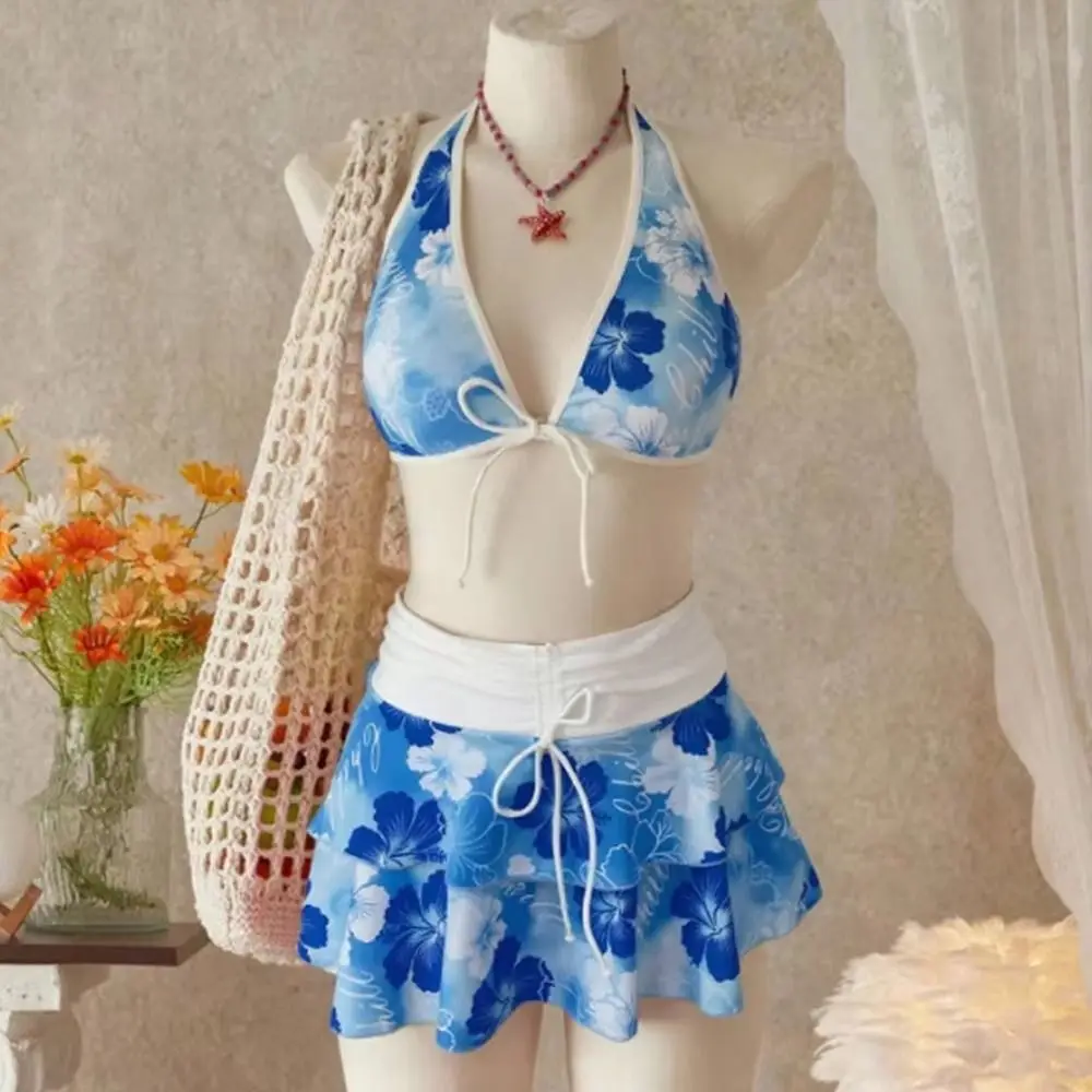 3Pcs/Set Fashion Summer Floral Swimsuit High-Waist Triangle Halter Beach Bikini Casual Cover Up Skirt Bikini Set Vacation