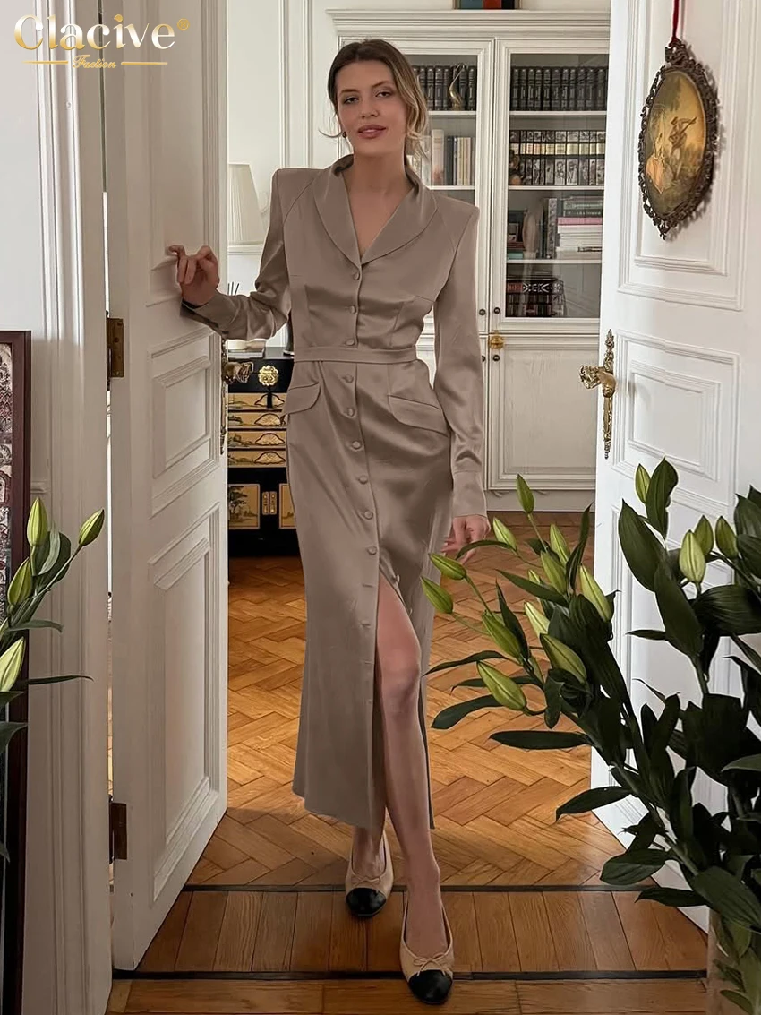 

Clacive Fashion Loose Khaki Satin Womens Dresses Spring Lapel Long Sleeve Ankle Length Dress Elegant Classic Slit Female Dress