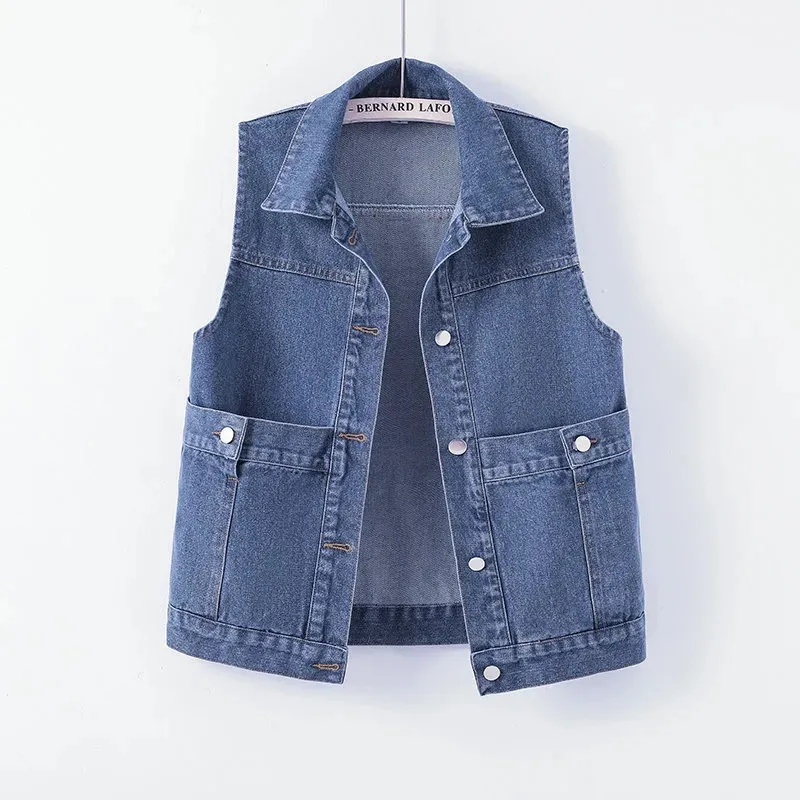 

Large Pocket Fashion Denim Vest Jacket 2024 New Women's Spring Autumn Korean Version Casual Coat Sleeveless Jeans Jacket Female