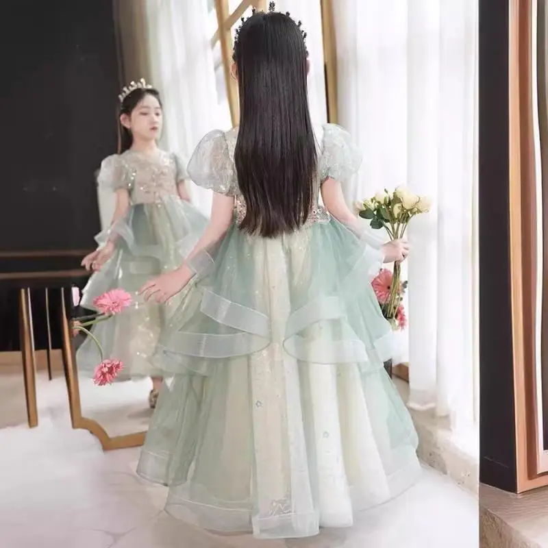 2024 Classic V-Neck Bubble Sleeves Girl Princess Dress Children Tulle Evening Dresses Trend Performance Costume for Kids Girls