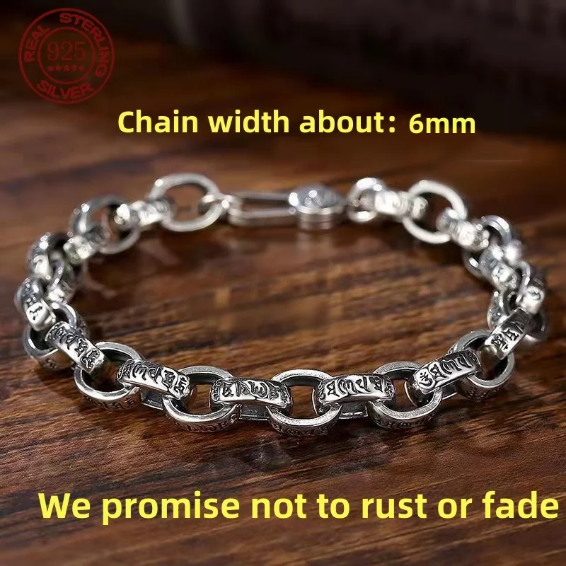 S925 Sterling Silver Logo Bracelet Biker Punk Rock Chain Chrome Retro style Jewelry for Men 6mm Width Charm Bracelets