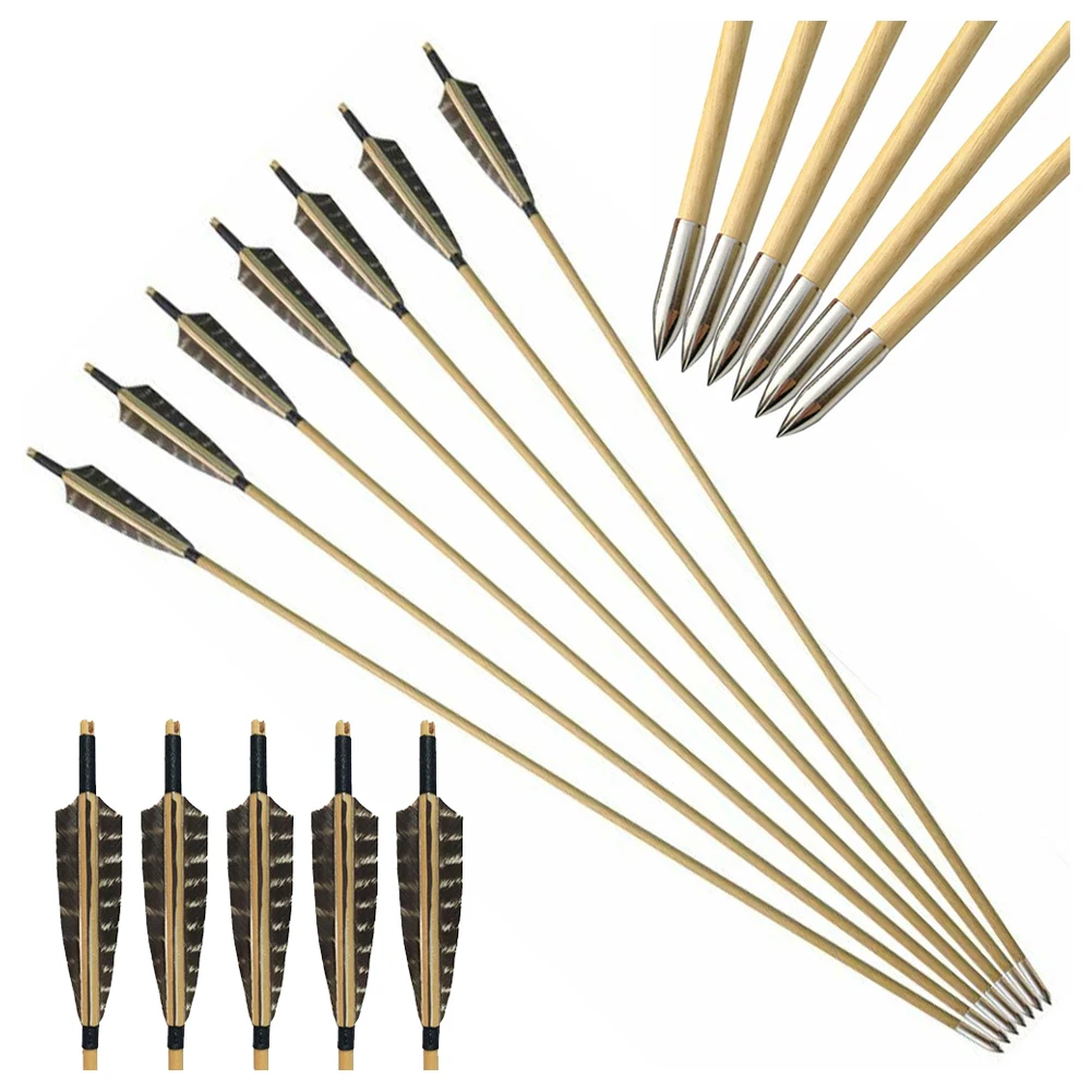 

12pcs Wooden Arrows 5" Natural Feather with Hunting Arrowheads Archery Recurve Bow Longbow Target Shooting Hunting Outdoor Sport