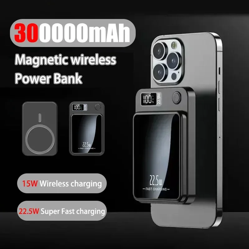 300000mAh Wireless Magnetic Power PD 20W Fast Charging Portable Backup External Battery Power Bank Adapter For iPhone 15 Samsung