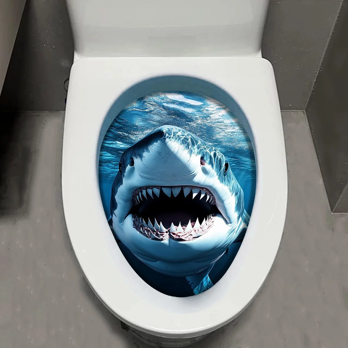 Great White Shark Toilet Self‑Adhesive Sticker Size 20.4x28cm Deep‑Sea Shark Breaking Through Window Realistic 3D Visual Effect