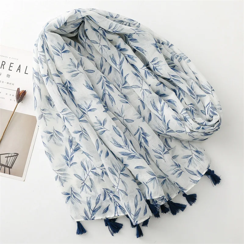 Korean style fashionable blue main tone cotton and linen feel scarf with printed design fresh and sweet tassel shawl for women