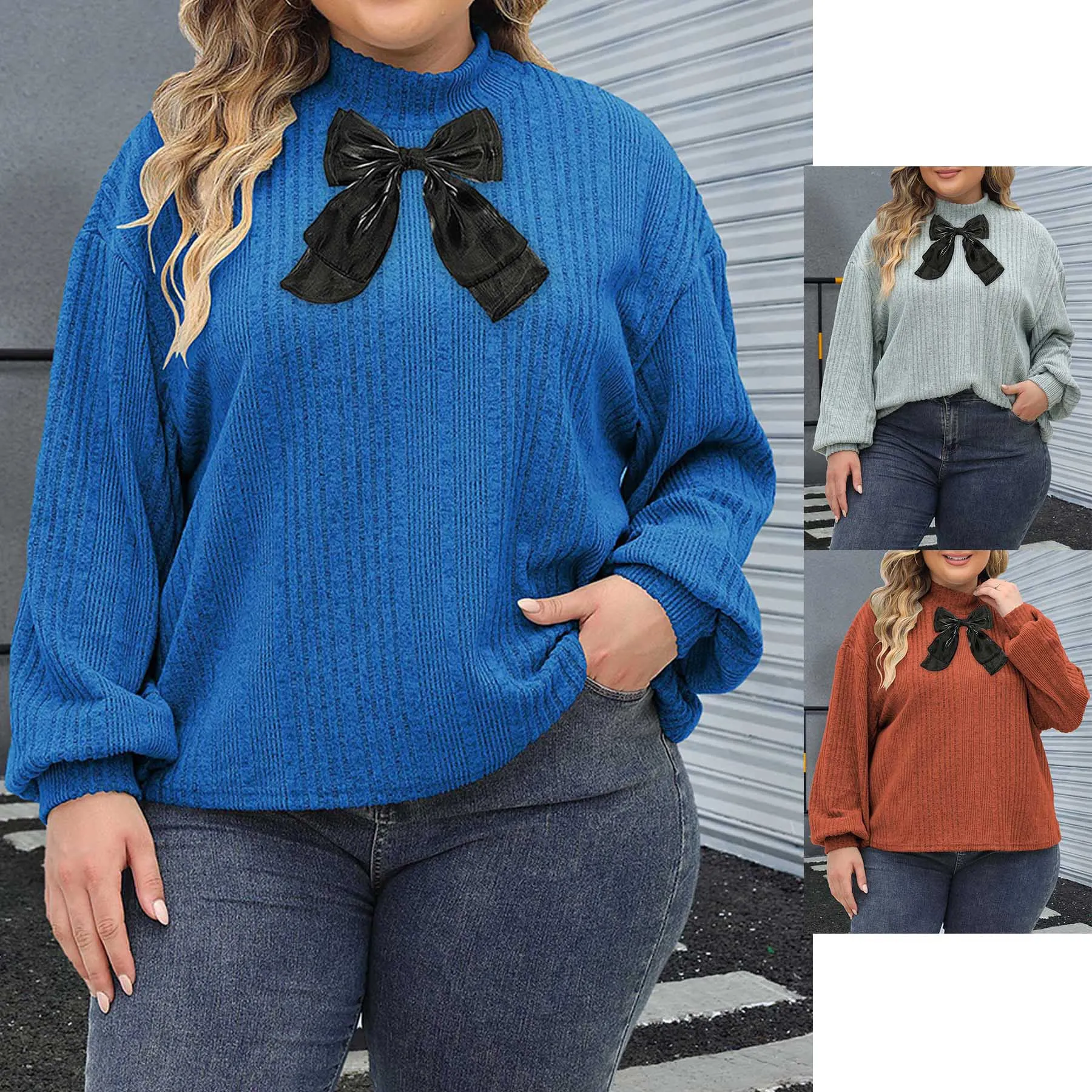 Kaos Wanita Oversize Model Overhead Kerah Semi Tinggi dengan Detail Rib dan Ikat Pita Kupu-kupu untuk Wanita Ukuran Plus