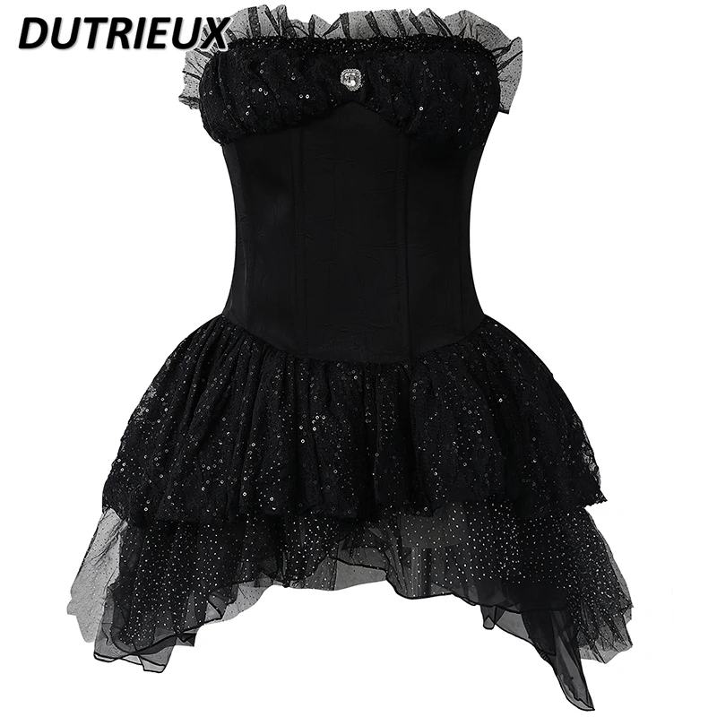

Black High Waist Splicing Lace Sleeveless Chest Wrap Party Dress Summer New Haute Couture Sequined Slimming Short Dresses