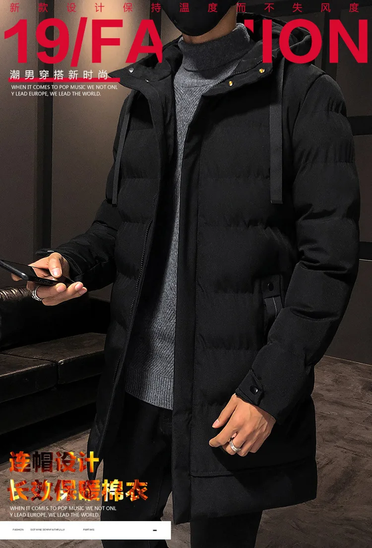 Men Mid Length Hooded Padded Parkas Men Korean Fashion Down Blend Cotton Jacket Men Thick Warm Trendy Winter Male Outer Parkas