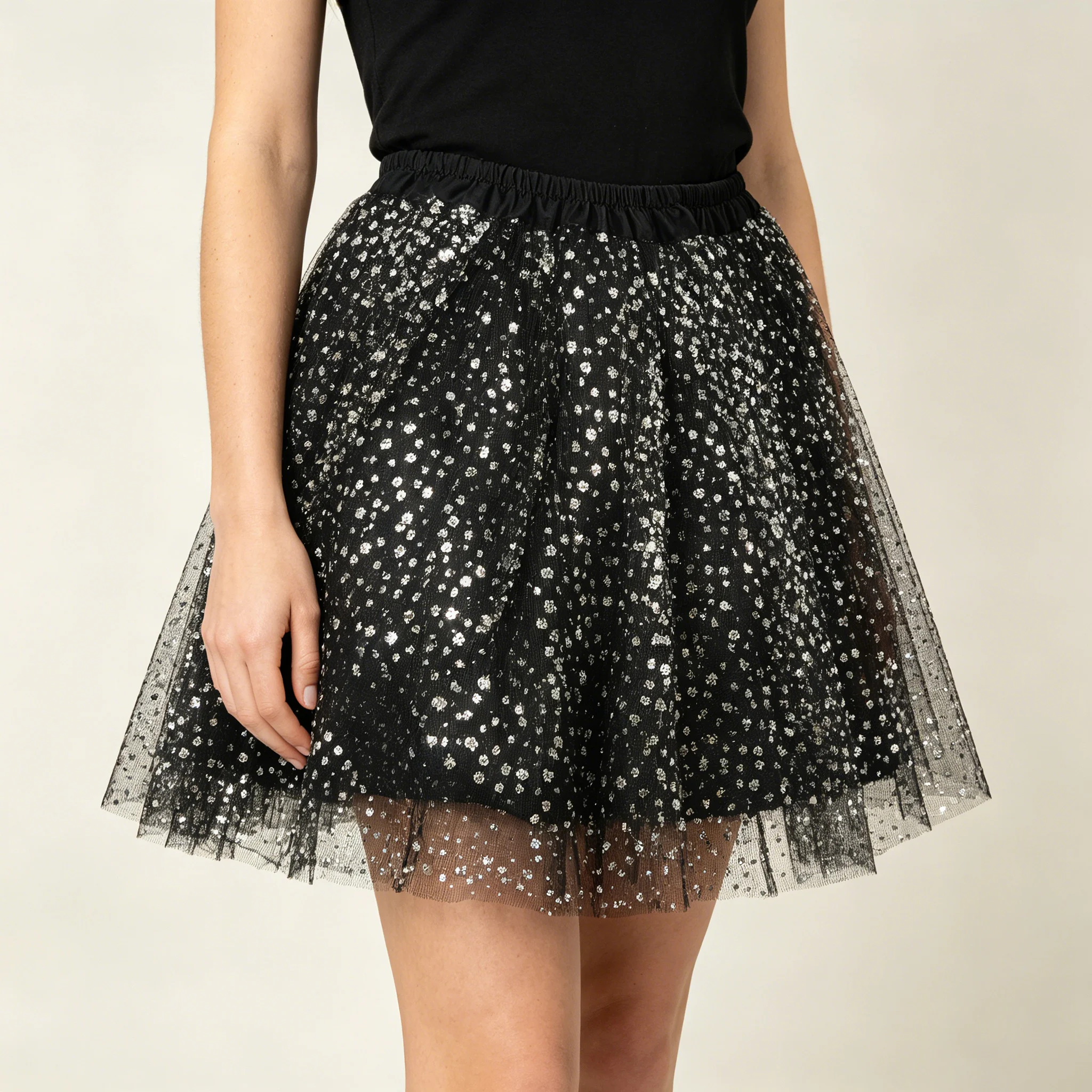 Ladies Silver Star Sequin Black Tulle Half Skirt Ballet Style Puffy Princess Short Skirt for Photo Shoots And Performances