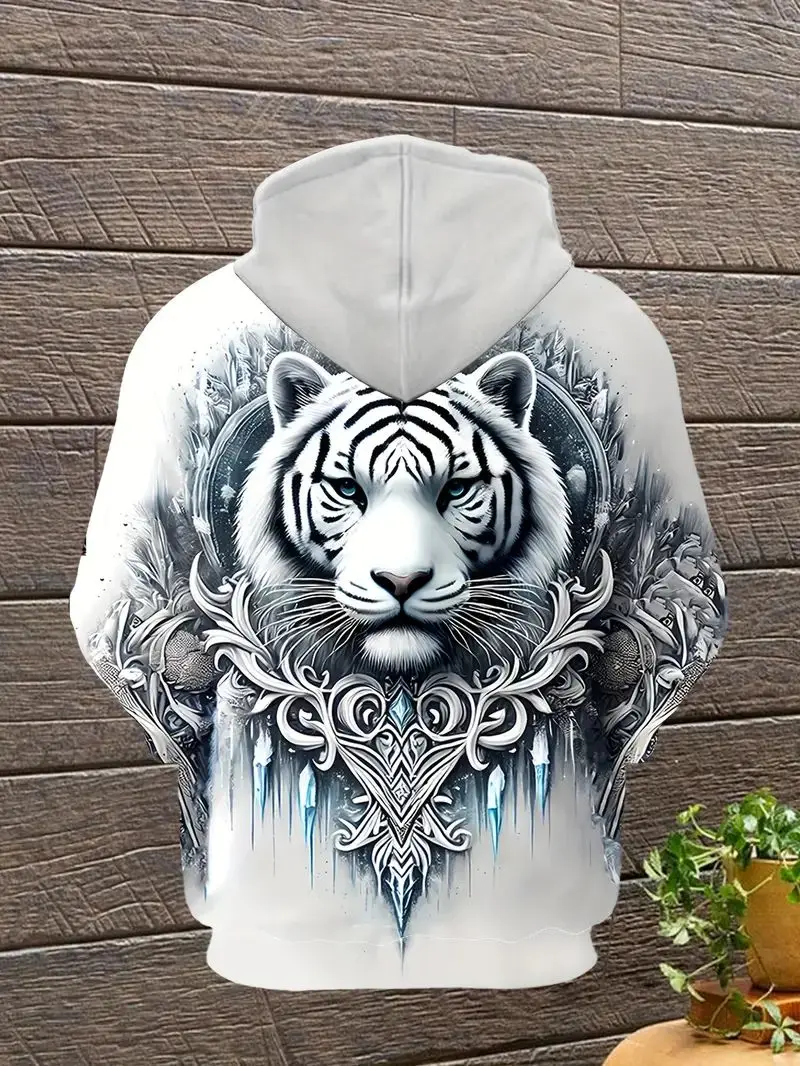 Herren 3D-Hoodie mit digitalem weißen Tiger- und Jacquard-Print und Kängurutasche, Sportmode-Hoodie für Frühling und Herbst