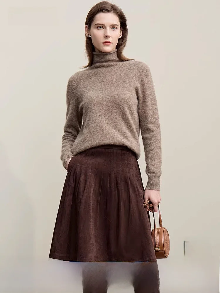 

High Waist A-Line Pleated Skirt Vintage Suede Simple Slim Fit Women's Skirt Casual Commute Polyester Fiber Zipper Closure