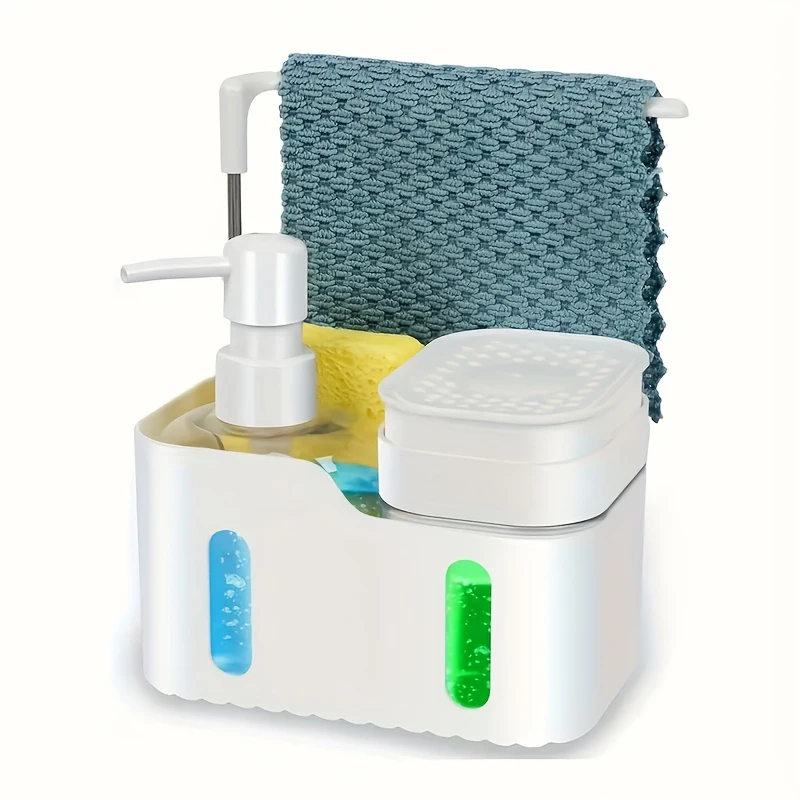 

4 in 1 All-in-One Kitchen Sink Caddy with Dual Soap Dispensers Sponge Holder & Towel Rack Organizer for Kitchen Sink Tools