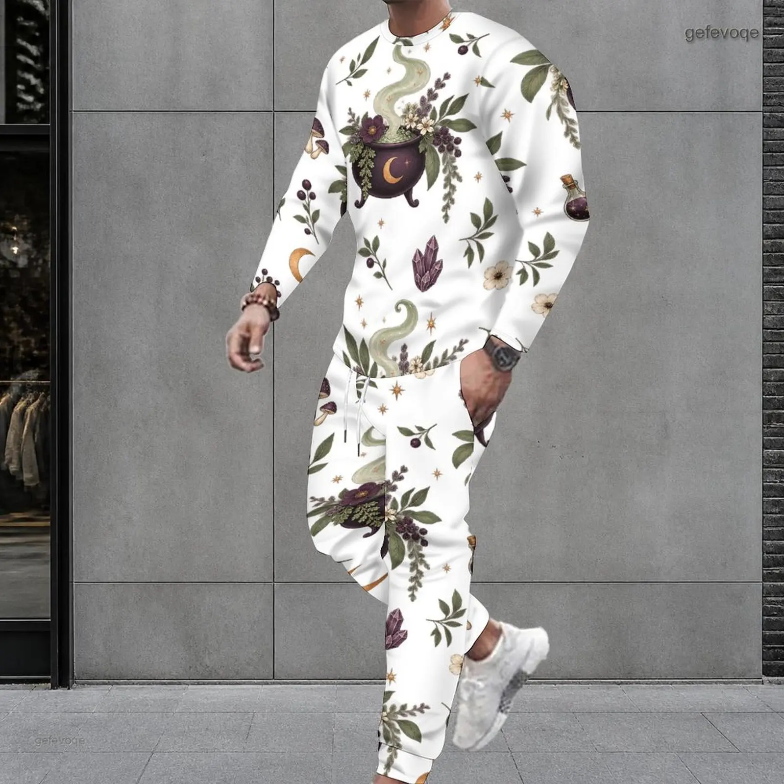 Men Witchy Botanical Print Round Neck Long Sleeve Top and Cuffed Pants Two Piece Set