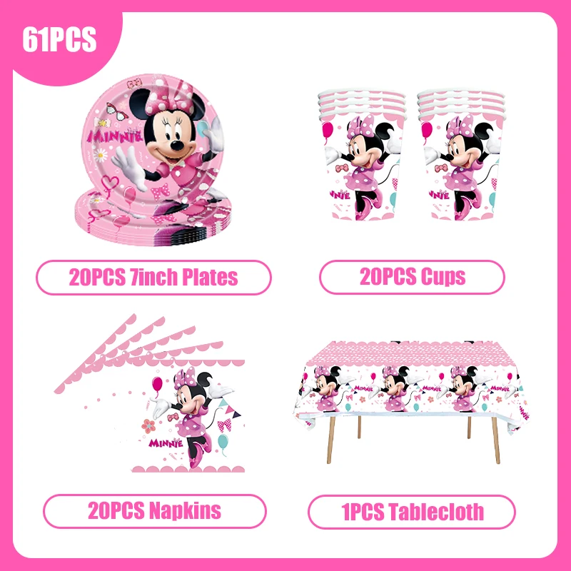 Disney Minnie Mouse decorazioni di compleanno Set di stoviglie usa e getta Minnie Balloons Banner sfondo forniture per eventi per feste per ragazza