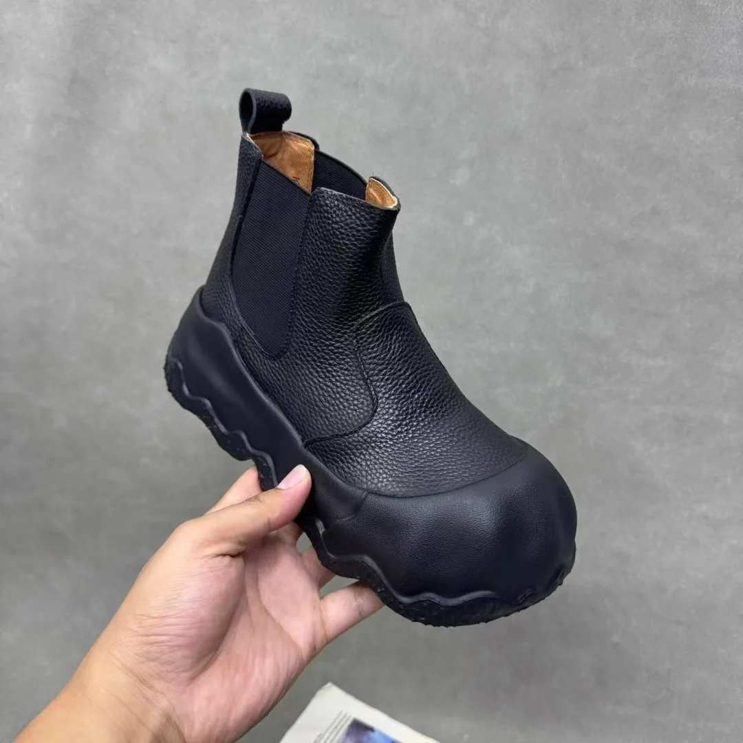 

Birkuir Fashion Thick Heel Ankle Boots For Women Slip On Flat Platform Shoes Luxury Big Head Genuine Leather Short Boots White