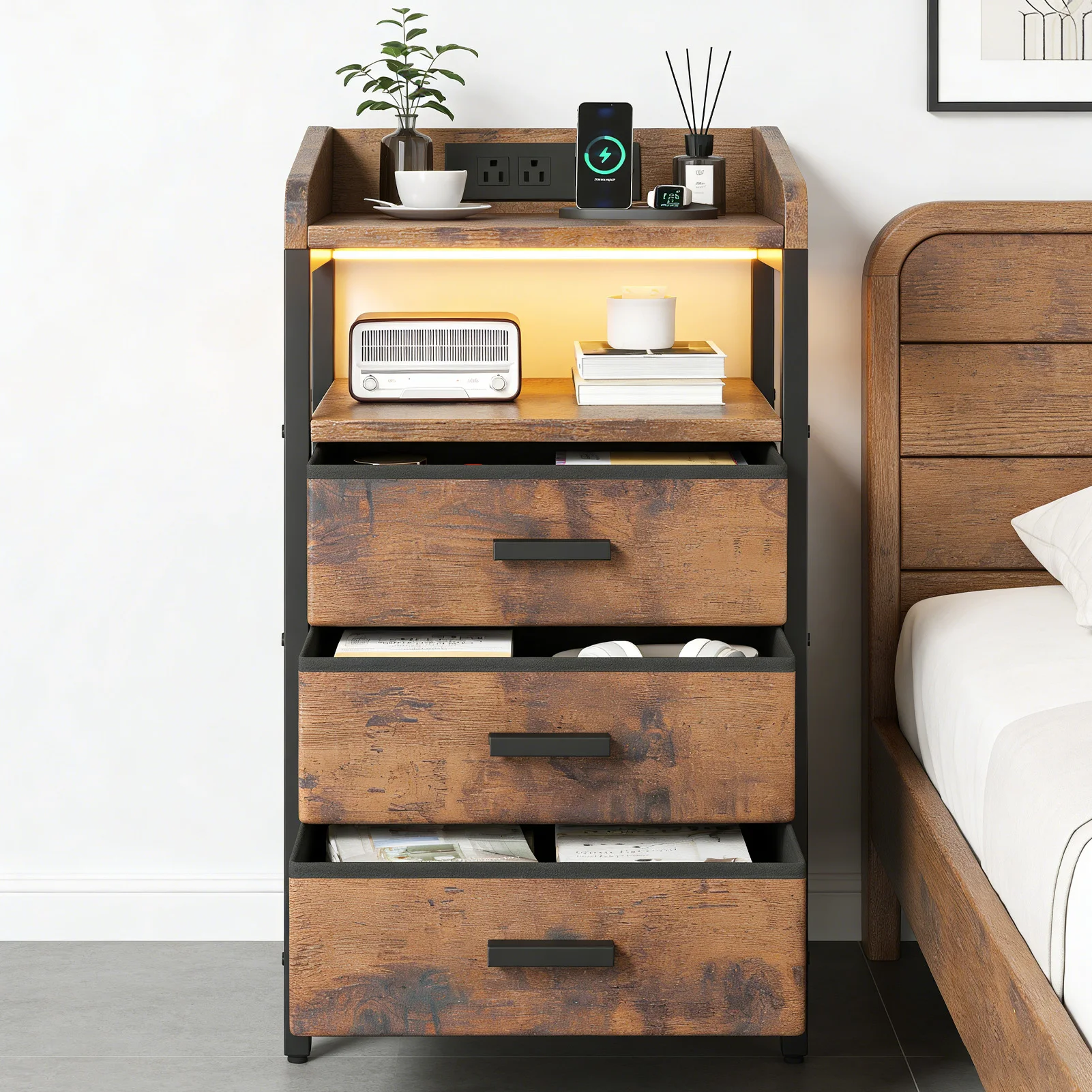 

Rustic Brown Night Stand with Charging Station Bedside End Table with 3 Fabric Drawers 2 USB Ports And Outlets for Bedroom