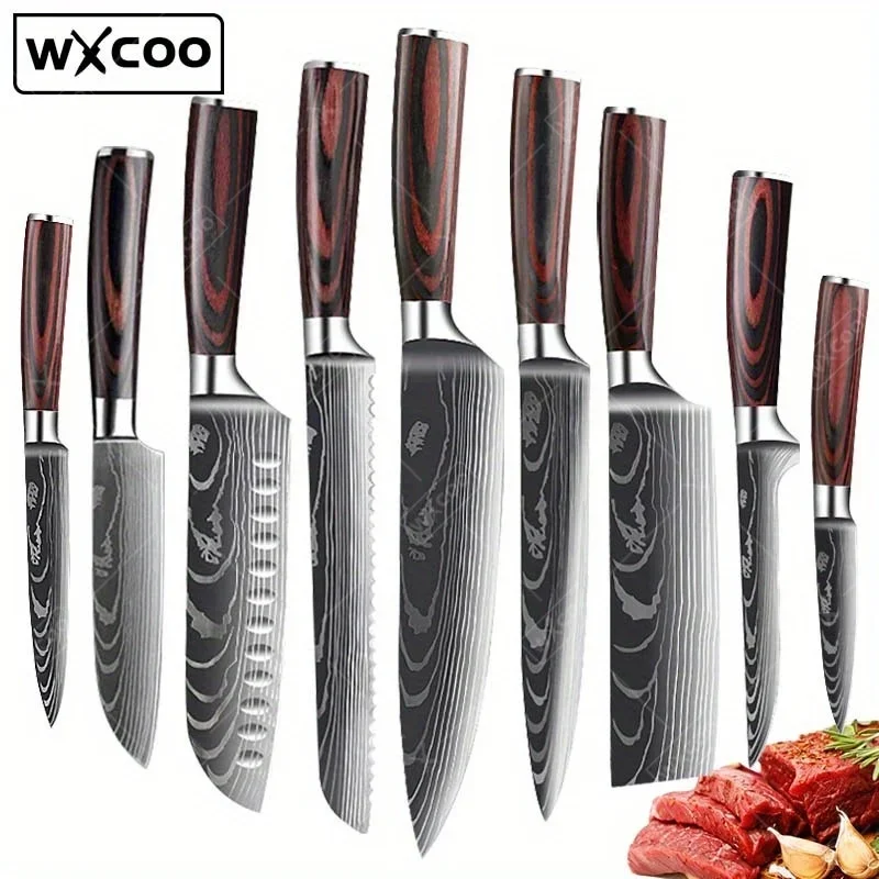 9 Pcs, Kitchen Chef Knife Set, Stainless Steel Damascus Drawing Gyuto Cleaver Set Slicer Santoku Knife Chef Knife Boning Knife