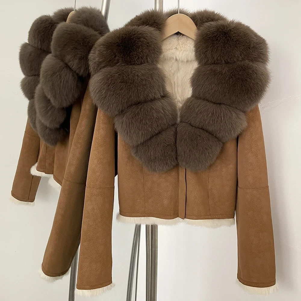 Femmes naturel col de fourrure de renard manteau 2025 automne hiver nouvelle veste de fourrure en daim vêtements mode réel doublure de fourrure de lapin mince femme