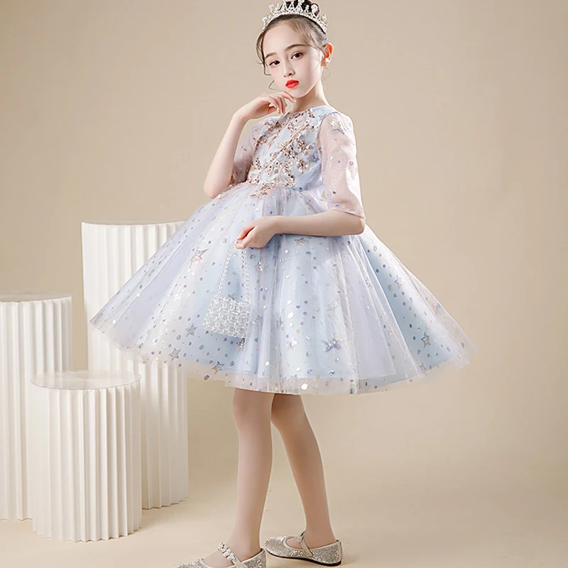 IYEAL Girls' Dress Flower Girl Wedding Dress Blue Sequin Skirt Girl Student Host Chorus Command Dress