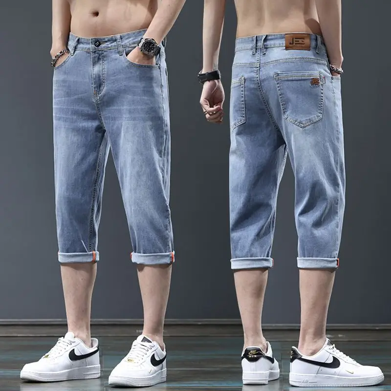 

Summer Thin Versatile High-Rise Vintage Denim orts Men's Faion Straight Casual Mid-Pants Elastic Seven-Quarter Pants