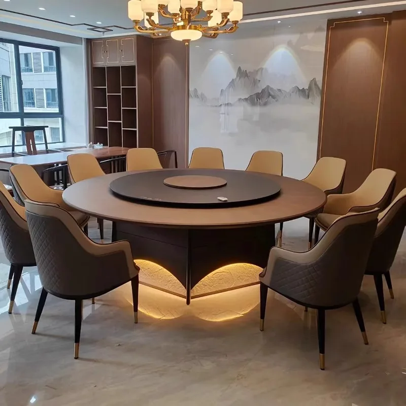 Electric Dining Table Large Round Table Light Strip Rotary Table with Slate Hotel Hotel Club