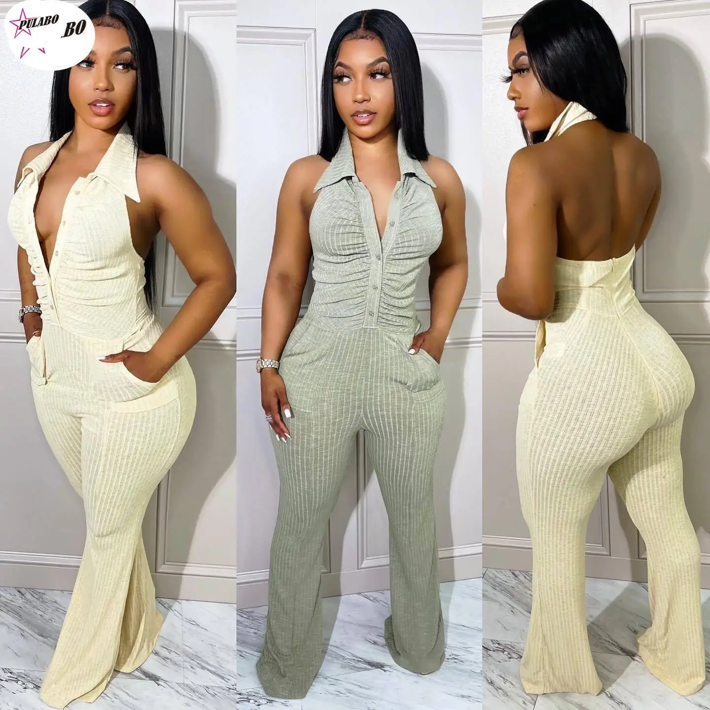 

PULABO Turn Down Collar Halter Sexy Jumpsuit Pocket Knitted Ribbed Backless Skinny Bodycon Rompers Clubwear Outfits Overalls