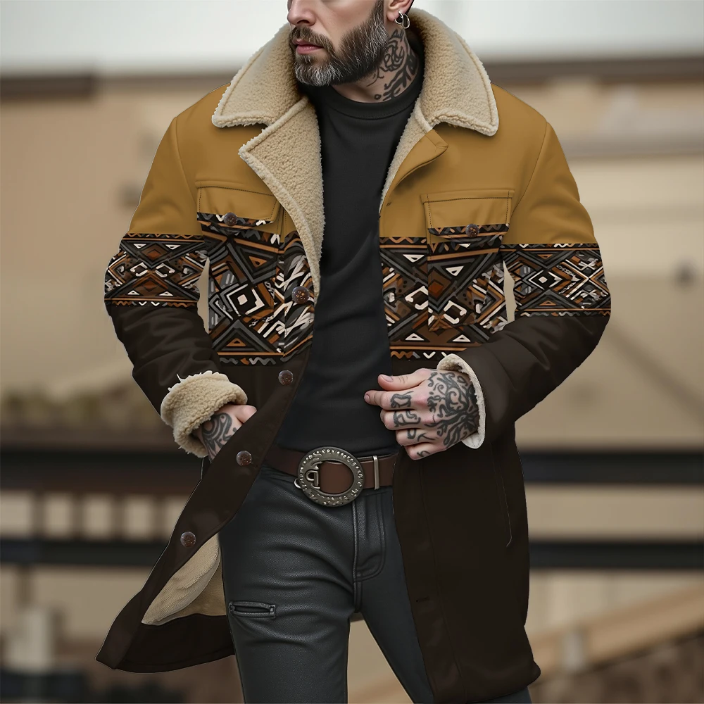 Reversible Tribal Print Jacket with Faux Fur Collar Geometric Pattern Coat for Fall Winter Bohemian Style Dual-Pocket Outerwear