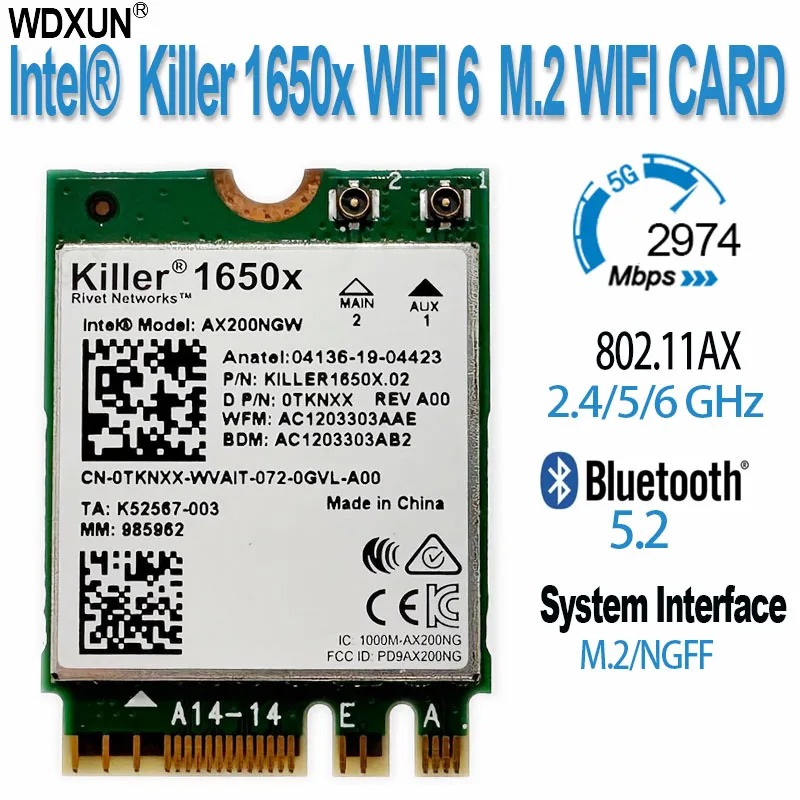 Ordinateur portable Killer 1650X Bluetooth 2400, carte sans fil Gigabit, prend en charge Win11 AX200NGW, bande touristique, 5.1 M, Mini PCIe PCI-e