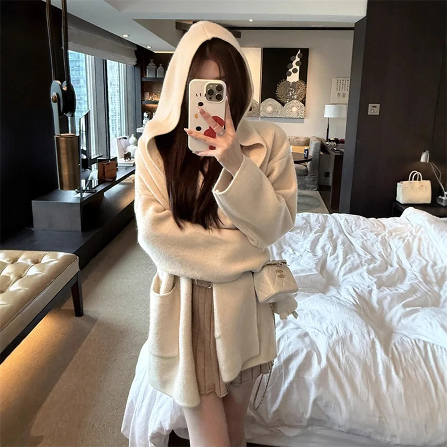 

Hooded Sweater Jacket Women's Clothing Autumn and Winter New Loose Large Size Medium and Long Thickened Knitted Cardigan Coat