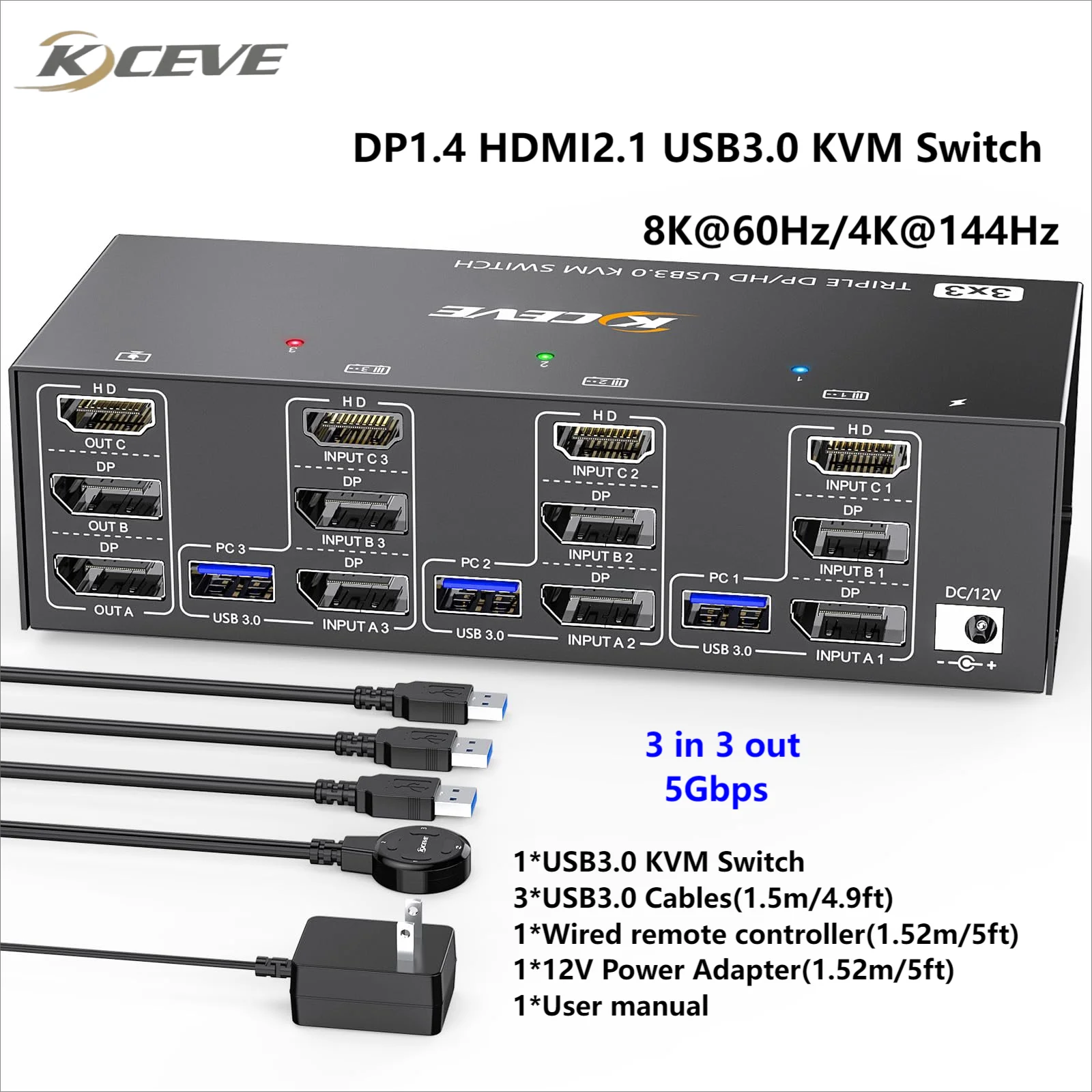 Nuovo KCEVE HDMI USB 3.0 KVM Switch 3 Monitor 3 computer 8K @ 60Hz 4K @ 144Hz triplo Monitor KVM con 4 porte USB 3.0 KVM Triple