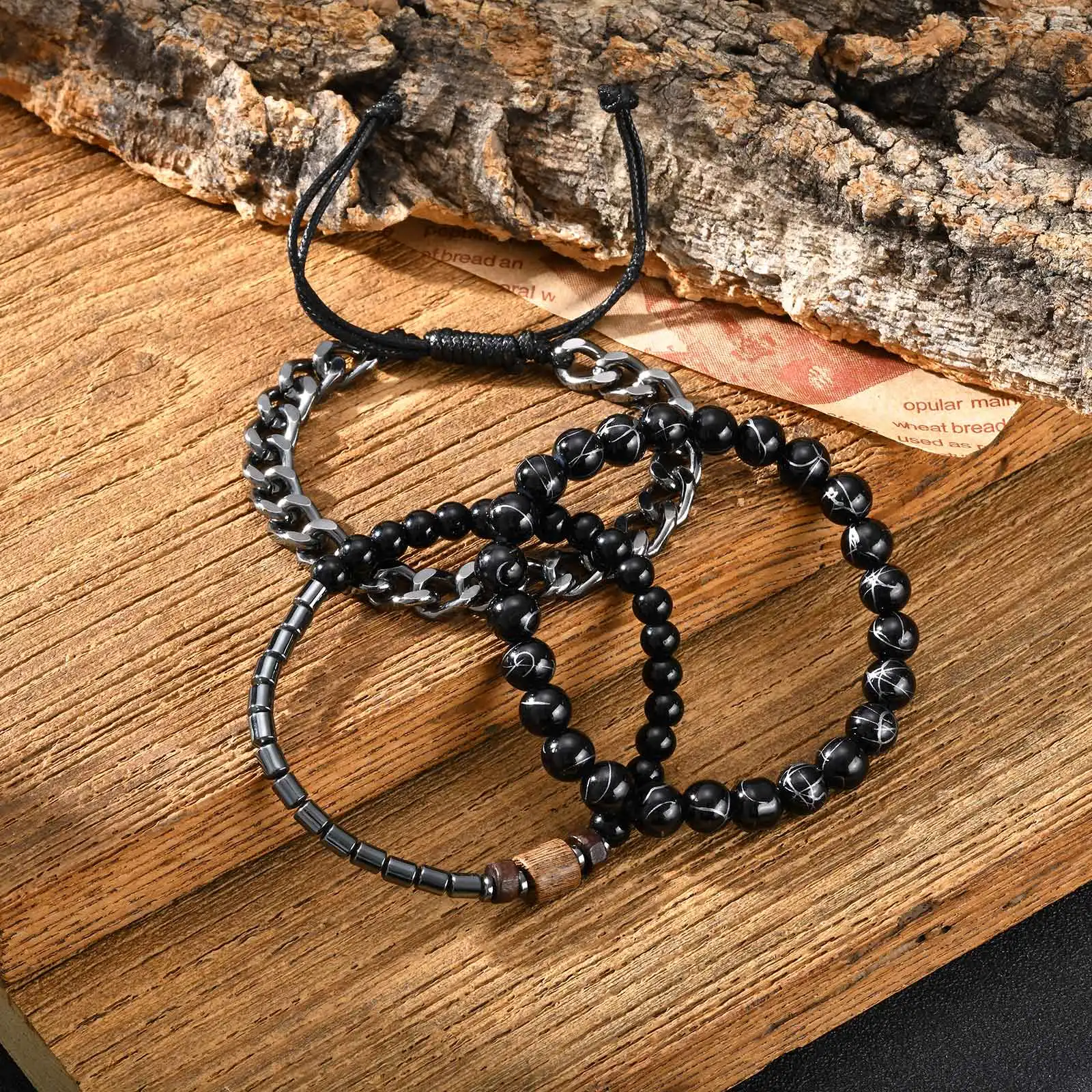 أزياء ثلاث قطع مجموعة سوار مطرز للرجال، متعدد الطبقات تكويم سلسلة معدنية سوار معصمه، الهيب هوب مجوهرات بسيطة #4