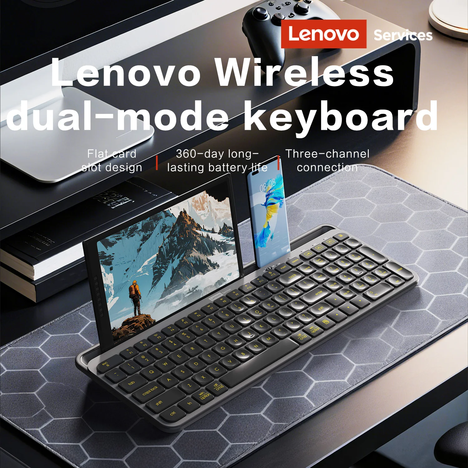 

Wireless Gaming Keyboard Full-Sized 105 Key Silent 2.4GHz&Bluetooth Connection Multimedia Keys Compatible with PC Laptop Desktop