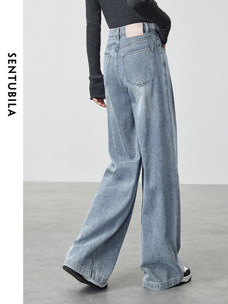 SENTUBILA Comfort 100% Cotton Wide Leg Jeans Women 2024 Autumn Casual Straight Folds Denim Trousers Women Pant W43N56151