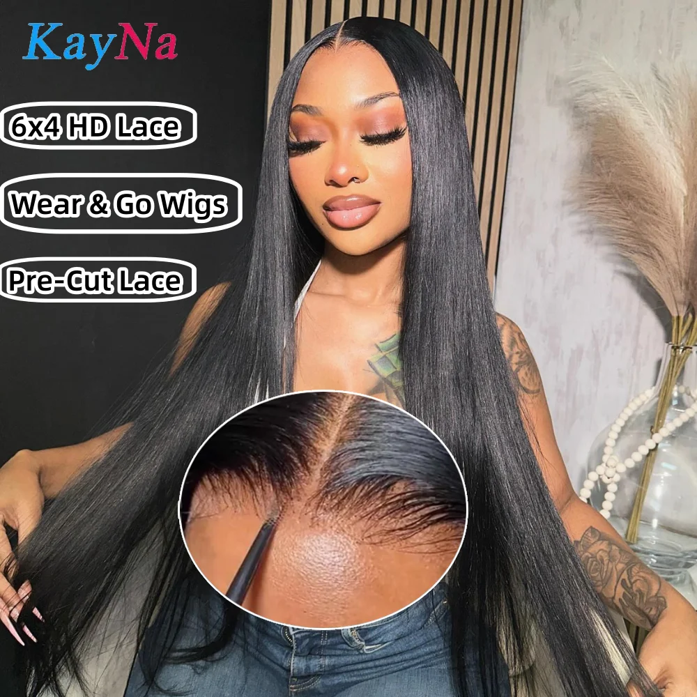 

Glueless Wigs Human Hair Ready to Wear and Go Pre Plucked Pre Cut 6x4 HD Lace Frontal Closure Straight Human Hair Lace Wig Kayna