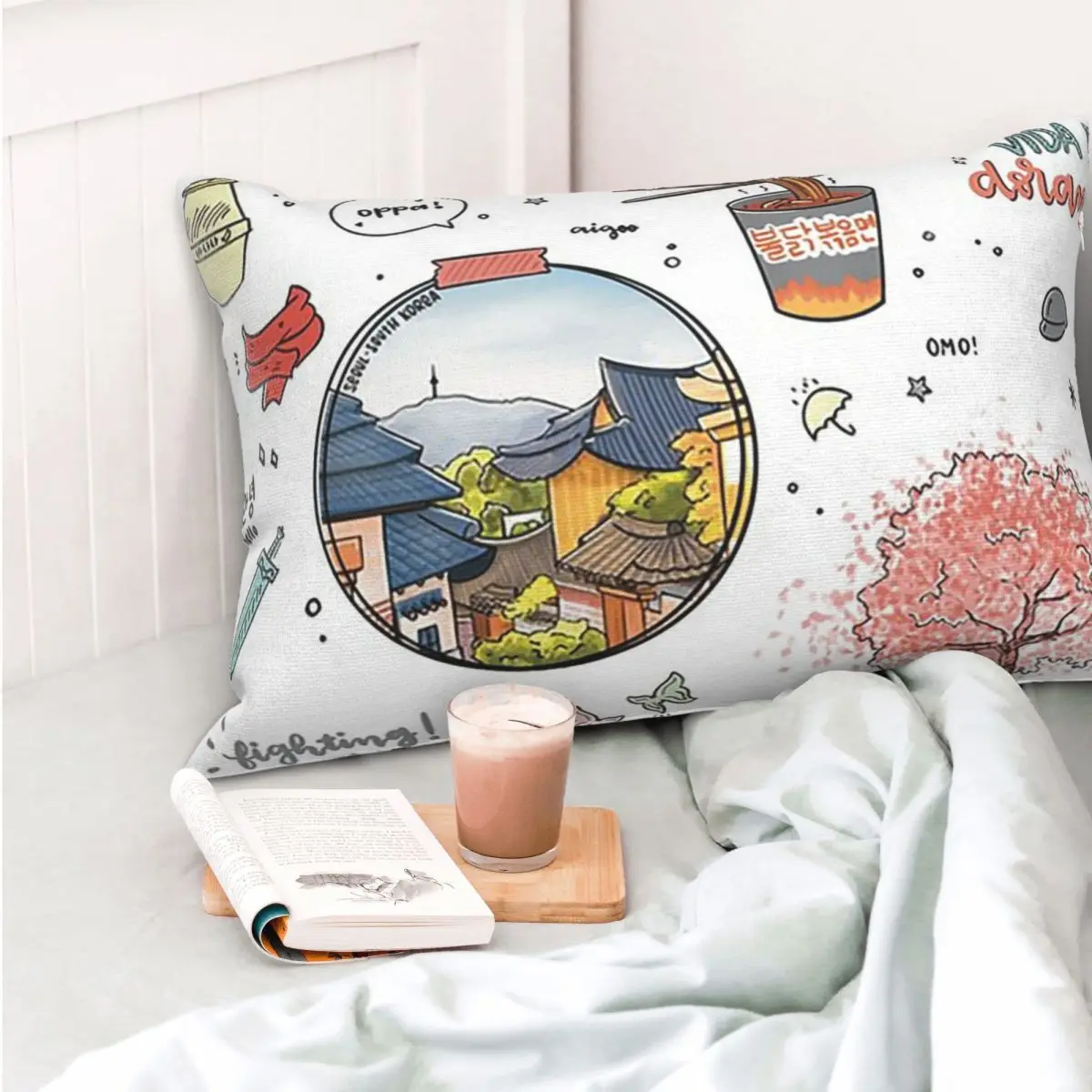 Funda de Almohada Rectangular con Diseño de Flor de Cerezo, Inspirada en el Drama Coreano K-drama, Soju Corea, para Decoración de Dormitorio